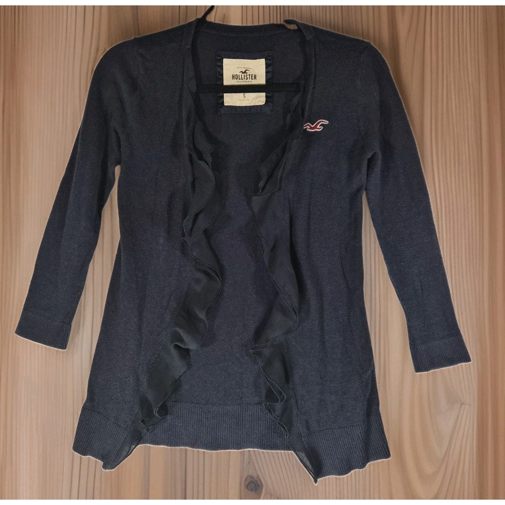 Vintage Y2K Hollister Women's Small Navy Ruffle Cardigan Sweater Logo 2000s